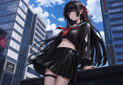  absurdres black_hair black_sailor_collar black_serafuku black_shirt black_skirt building chisa_(wuthering_waves) commentary_request confetti cowboy_shot crop_top crop_top_overhang cropped_shirt day female hair_ribbon highres long_hair midriff miniskirt navel neckerchief outdoors pamumii parted_lips pleated_skirt red_eyes red_neckerchief red_ribbon revision ribbon sailor_collar school_uniform serafuku shirt skirt solo standing straight_hair tacet_mark_(wuthering_waves) urban very_long_hair wuthering_waves 