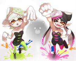  2girls ;d arm_up bare_shoulders black_dress black_footwear black_hair blush boots bow-shaped_hair breasts callie_(splatoon) clenched_hands commentary_request cross-shaped_pupils detached_collar dress earrings fangs gloves gradient_hair green_pantyhose grey_hair hair_ornament half_updo hand_up highres inkling jewelry leg_up long_hair looking_at_viewer marie_(splatoon) medium_breasts medium_hair mole mole_under_eye mr._grizz_(splatoon) multicolored_hair multiple_girls one_eye_closed onikuman open_mouth orange_eyes paint paint_splatter pantyhose parted_bangs pink_hair pink_pantyhose pointy_ears short_dress short_eyebrows simple_background smile splatoon_(series) splatoon_3 strapless strapless_dress swept_bangs symbol-shaped_pupils teeth tentacle_hair thick_eyebrows tongue twintails v-shaped_eyebrows very_long_hair white_background white_gloves wing_collar 