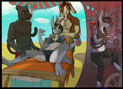  absurd_res anthro beach beverage bikini bikini_top bodily_fluids bottomwear bottomwear_down camel_toe canid canine canis clothed clothing daydream dream drinking ear_piercing ear_ring exposed_chest facial_piercing factory feet felid female furgonomics furry-specific_piercing genital_fluids group hi_res jackal lilianne male male/female mammal massage massager mjolnir_necklace muzzle_piercing nose_piercing panthera pantherine panties pants pants_down partially_clothed pawpads paws piercing rickwulfk95 ring_piercing seaside shirt swimming_trunks swimwear toes topwear trio underwear vacation vaginal_fluids 