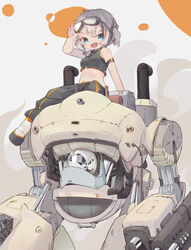  :d absurdres adjusting_goggles aqua_eyes arm_strap bare_shoulders black_footwear black_pants boots breasts cable commentary_request crop_top female goggles goggles_on_head grey_hair hand_up highres industrial_pipe jewelry mecha medium_hair midriff necklace nep_(nep_76) nut_(hardware) oerba_yun_fang open_mouth original pants pants_tucked_in robot short_twintails skin_fang sleeveless small_breasts smile solo twintails v-shaped_eyebrows white_footwear 