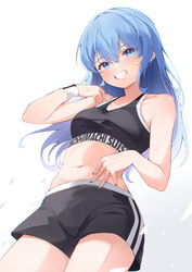  absurdres adapted_costume black_shorts black_sports_bra blue_eyes blue_hair blue_nails breasts character_name eat_some_cookie female hair_between_eyes highres hololive hololive_dance_practice_uniform hoshimachi_suisei long_hair looking_at_viewer md5_mismatch medium_breasts nail_polish navel shorts simple_background smile solo sports_bra standing stomach sweatband teeth underwear virtual_youtuber white_background 