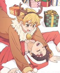  2boys agatsuma_zenitsu alternate_costume animal_costume antlers blonde_hair brown_eyes closed_eyes deer_antlers earrings gift hairband hanafuda_earrings hat highres horns jewelry kamado_tanjirou kimetsu_no_yaiba long_sleeves lying male_focus multiple_boys open_mouth red_hair santa_costume santa_hat scar scar_on_face shimya short_hair yaoi 