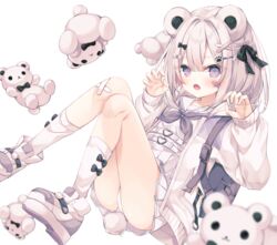  :o animal_ears ass backpack bag bandaid bear_ears bear_girl bear_tail black_bow blurry blurry_foreground bow cardigan commentary_request depth_of_field female grey_hair grey_neckerchief hair_between_eyes hair_ornament hairbow hairclip highres hoshi_(snacherubi) knees_together_feet_apart long_sleeves looking_at_viewer neckerchief oerba_yun_fang open_cardigan open_clothes open_mouth original panties pants paw_hair_ornament pleated_skirt puffy_long_sleeves puffy_sleeves purple_eyes sailor_collar school_uniform serafuku shirt shoe_soles short_tail simple_background skirt sleeves_past_wrists socks solo stuffed_animal stuffed_toy tail teddy_bear underwear uniform white_background white_bow white_cardigan white_footwear white_panties white_pants white_sailor_collar white_serafuku white_shirt white_skirt white_socks x_hair_ornament 