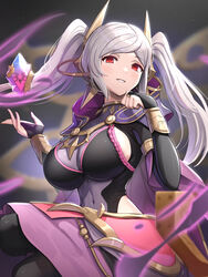  absurdres bodystocking breasts bridal_gauntlets cape cleavage commentary_request covered_navel female fire_emblem fire_emblem_awakening fire_emblem_cipher fire_emblem_heroes gonzarez grey_hair grima_(fire_emblem) grin highres large_breasts long_hair looking_at_viewer official_alternate_costume parted_lips purple_cape red_eyes robin_(female)_(fell_tactician)_(fire_emblem) robin_(female)_(fire_emblem) robin_(fire_emblem) see-through see-through_cleavage sideboob sitting smile solo twintails 