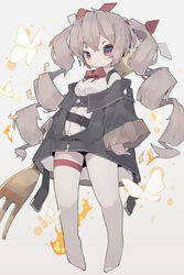  :3 absurdres black_jacket breasts bug butterfly closed_mouth crossed_bangs drill_hair female fire floating fork hair_ribbon highres holding holding_fork holding_utensil jacket light_brown_hair long_hair long_sleeves looking_at_viewer medium_breasts nep_(nep_76) off-shoulder_jacket off_shoulder original oversized_object plantar_flexion red_eyes red_ribbon ribbon shirt solo thighhighs twin_drills twintails v-shaped_eyebrows white_ribbon white_shirt white_thighhighs wide_sleeves yellow_butterfly 