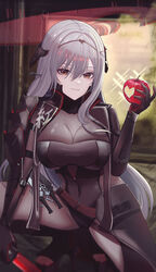  absurdres apple armor bodysuit breasts brown_eyes closed_mouth female food fruit gmg goddess_of_victory:_nikke grey_bodysuit grey_hair hair_ornament hair_stick halo high_heels highres holding holding_sword holding_weapon japanese_armor large_breasts long_hair official_alternate_costume scarlet_(black_shadow)_(nikke) scarlet_(nikke) shoulder_armor smile solo squatting sword weapon 