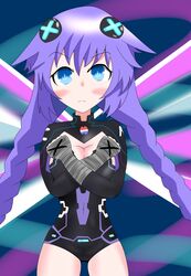  absurdres akadashicarp blue_eyes braid breasts choujigen_game_neptune cleavage cm_punk female hair_between_eyes hair_ornament hand_wraps highres leotard long_hair looking_at_viewer neptune_(series) parody pepsi power_symbol power_symbol-shaped_pupils purple_hair purple_heart_(neptunia) solo symbol-shaped_pupils thighhighs twin_braids twintails wwe 