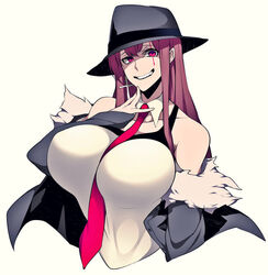  1girls bare_shoulders big_breasts breasts camui_kamui collar crazy crazy_eyes fedora female female_only fluffy_coat huge_breasts large_breasts long_hair magenta_eyes scar scar_across_eye sleeveless sleeveless_shirt solo solo_female tattoo thin thin_waist tie top_heavy voluptuous 