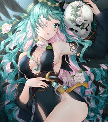  aqua_eyes bare_shoulders black_dress black_horns black_nails black_sleeves breasts center_opening commentary commission cowboy_shot crescent detached_sleeves dress eloru english_commentary eyelashes female flower flower_in_eye green_hair hairband hand_on_own_stomach heart heart_on_cheek heart_tattoo highres holding holding_skull horns lace-trimmed_dress lace_hairband lace_trim large_breasts leaf long_hair long_sleeves looking_at_viewer lying marking_on_cheek multicolored_hair nail_polish on_back one-eyed original parted_lips pink_hair pink_lips rose side_slit sideboob skull sleeveless sleeveless_dress small_horns solo symbol_in_eye tassel tattoo two-tone_hair very_long_hair wavy_hair white_flower white_rose wide_sleeves yellow_hairband 