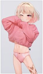  alternate_costume ass_visible_through_thighs blonde_hair blush border commentary_request cropped_sweater feet_out_of_frame female grey_background grin hair_intakes hands_up highres leg_tattoo long_sleeves looking_at_viewer makaino_ririmu midriff multicolored_hair navel nijisanji one_eye_closed panties pink_panties pink_sweater pointy_ears print_sweater puffy_long_sleeves puffy_sleeves red_eyes sabamen short_hair simple_background sleeves_past_fingers sleeves_past_wrists smile solo standing stomach sweater tattoo thighs underwear virtual_youtuber white_border 