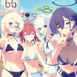  4girls alternate_costume bikini black_bikini black_choker black_hair black_sailor_collar blonde_hair blue_archive blue_bikini blush breasts chihiro_(blue_archive) choker closed_eyes closed_mouth commentary_request flat_chest frilled_bikini frills glasses green_eyes grin hair_between_eyes hair_ornament halo hare_(blue_archive) highres kotama_(blue_archive) large_breasts long_hair maki_(blue_archive) makolas97 medium_breasts multiple_girls navel open_mouth purple_eyes rabbit_hair_ornament red_hair sailor_collar sailor_shirt shirt short_hair sideboob sleeveless sleeveless_shirt smile stomach swimsuit underboob veritas_(blue_archive) white_hair white_shirt 