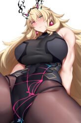  absurdres arind_yudha bare_arms bare_shoulders barghest_(fate) barghest_(second_ascension)_(fate) blonde_hair blush breasts closed_mouth fate/grand_order fate_(series) female green_eyes heterochromia highres large_breasts long_hair looking_at_viewer pantyhose purple_pantyhose red_eyes simple_background sleeveless solo thighs very_long_hair white_background 