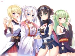  4girls ;d absurdres ahoge bare_shoulders black_hair black_kimono black_scarf black_skirt blonde_hair blue_eyes blue_kimono blunt_bangs blunt_ends blush breasts cleavage closed_mouth commentary_request cowboy_shot criss-cross_halter detached_sleeves eyelashes flower forehead_protector green_eyes green_hair hair_flower hair_ornament hair_ribbon halterneck hand_up highres hime_cut hitachi_mako holding_hands interlocked_fingers japanese_clothes kimono large_breasts lena_liechtenauer long_hair long_sleeves looking_at_viewer miniskirt multiple_girls murasame_(senren) ninja nontraditional_miko one_eye_closed open_mouth parted_bangs pleated_skirt purple_eyes red_eyes red_ribbon red_skirt ribbon rio_(lio_yuzu) scarf senren_banka short_hair_with_long_locks short_kimono short_sleeves side-by-side sidelocks signature simple_background skirt small_breasts smile straight_hair tomotake_yoshino twintails two_side_up very_long_hair white_background white_flower white_hair white_kimono wide_sleeves 