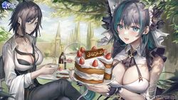  2girls absurdres aibek animal_ears ark_royal_(azur_lane) ark_royal_(cafe_lookout)_(azur_lane) arm_garter azur_lane black_bra black_choker black_hair black_pants blue_eyes blue_hair blush bow bra breasts cake center_opening chair cheshire_(azur_lane) choker cleavage collarbone collared_shirt cookie copyright_name crescent crescent_pin crossed_legs cup day dress fake_animal_ears feet_out_of_frame food fruit glint hair_between_eyes hair_intakes hairbow highres holding holding_cake holding_cup holding_food large_breasts lemon lemon_slice logo long_hair looking_at_viewer macaron medium_breasts medium_hair milestone_celebration multicolored_hair multiple_girls official_alternate_costume official_art open_mouth outdoors pants parted_lips second-party_source shirt sitting sleeveless sleeveless_dress smile strawberry streaked_hair table teacup tiered_tray tree two-tone_hair underwear upper_body watermark whipped_cream white_shirt wing_collar wrist_cuffs 