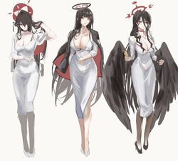  3girls alternate_costume black_choker black_hair black_wings blue_archive blunt_bangs breasts bright_pupils cellphone choker cleavage collarbone commentary_request dongtan_dress dress feathered_wings full_body grey_dress hair_ornament hairclip halo haowei_wu hasumi_(blue_archive) highres holding holding_phone holding_tablet_pc huge_breasts kokuriko_(blue_archive) large_breasts long_hair looking_at_viewer meme_attire mole multiple_girls multiple_views opera_glasses phone red_eyes red_halo rio_(blue_archive) simple_background smartphone tablet_pc very_long_hair white_background white_dress white_pupils wings 