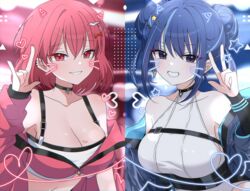  2girls alternate_eye_color bare_shoulders blue_eyes blue_hair breasts cleavage crop_top duel_monster evil_twin_ki-sikil evil_twin_lil-la jacket ki-sikil_(yu-gi-oh!) large_breasts leotard lil-la_(yu-gi-oh!) multiple_girls official_alternate_costume parted_lips pink_hair red_eyes ribbed_leotard seno_(senohime) shaka_sign short_hair smile yu-gi-oh! 