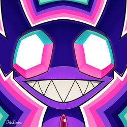  1:1 2020 ambiguous_gender artist_name dibudani digital_media_(artwork) gem gem_eyes generation_3_pokemon hi_res humanoid icon looking_at_viewer nintendo pokemon pokemon_(species) psychedelic purple_body red_gem sableye sharp_teeth signature smile solo teeth 