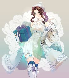  absurdres aerith_gainsborough aerith_gainsborough_(fairy_of_snowfall) blue_thighhighs boots brown_hair christmas_present coat corsage demi_co dress female final_fantasy final_fantasy_vii final_fantasy_vii_ever_crisis fur-trimmed_coat fur_trim gift hat highres knit_sweater looking_at_viewer off_shoulder official_alternate_costume smile solo sweater sweater_dress thigh_boots thighhighs thighhighs_under_boots white_coat white_footwear winter_clothes winter_coat 