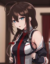  ahoge black_gloves black_jacket blue_eyes blurry blurry_background braid breasts brown_hair chest_harness cropped_jacket curtains female fingerless_gloves gloves hair_between_eyes hair_flaps harness highres indoors jacket kantai_collection long_hair medium_breasts necktie open_clothes open_jacket open_mouth red_necktie sha_(isago) shigure_(kancolle) shigure_kai_san_(kancolle) short_sleeves single_braid solo upper_body 