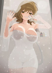  against_glass anis_(nikke) bathroom breast_press breasts brown_eyes brown_hair collarbone female glass_writing goddess_of_victory:_nikke hand_on_glass heart highres looking_at_viewer sakuramomo short_hair smile solo towel 