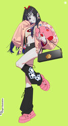  black_bag black_footwear black_hair black_nails black_shorts blue_eyes closed_mouth copyright_name crop_top female full_body green_background hair_ribbon hand_up highres jacket jewelry kirby kirby_(series) lollipop_hair_ornament long_hair long_sleeves looking_at_viewer loose_socks multiple_rings oguchi open_clothes open_jacket original pink_footwear pink_jacket red_ribbon ribbon ring short_shorts shorts simple_background smile socks solo stuffed_toy white_background 