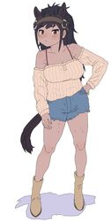  absurdres alternate_costume animal_ears bare_shoulders black_hair blush boots breasts brown_eyes brown_thoroughbred_(kemono_friends) casual cutoff_jeans cutoffs dark-skinned_female dark_skin denim denim_shorts extra_ears female full_body headgear highres horse_ears horse_girl horse_tail kemono_friends kumasyan1998 long_hair long_sleeves looking_at_viewer off-shoulder_shirt off_shoulder shirt short_shorts shorts simple_background solo spaghetti_strap sweater tail white_background white_sweater 