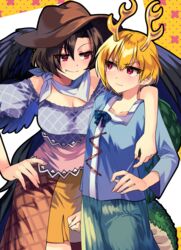  2girls aqua_skirt bandana black_hair black_wings blonde_hair blue_shirt breasts brown_headwear cleavage cowboy_hat dragon_girl dragon_tail dress feathered_wings green_scales green_tail hand_on_another&#039;s_shoulder hand_on_own_hip hat highres katayama_kei kicchou_yachie kurokoma_saki long_sleeves multicolored_clothes multicolored_dress multiple_girls oerba_yun_fang off-shoulder_shirt off_shoulder overskirt plaid plaid_shirt puffy_long_sleeves puffy_sleeves red_eyes scales shirt skirt smile tail touhou turtle_shell white_bandana wings yuri 