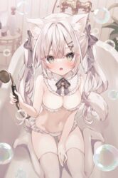  animal_ear_fluff animal_ears bare_arms bare_shoulders bathtub bell between_legs blush bow breasts brown_eyes bubble cleavage commentary_request female frilled_panties frills grey_bow grey_hair hair_ornament hairbow hairclip hand_between_legs highres holding hoshi_(snacherubi) indoors jingle_bell long_hair looking_at_viewer medium_breasts navel neck_bell no_shoes oerba_yun_fang open_mouth original panties shower_head sidelocks solo tail thighhighs twintails underwear very_long_hair white_panties white_thighhighs x_hair_ornament 