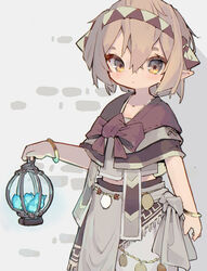  absurdres arm_at_side bow bracelet brown_bow brown_capelet brown_hair capelet closed_mouth cowboy_shot crystal dot_nose female hand_up highres holding holding_lantern jewelry lantern light_brown_hair medium_hair midriff_peek nep_(nep_76) original pointy_ears skirt skirt_set solo 