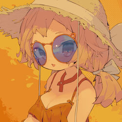  absurdres bare_shoulders bikini blonde_hair blue-tinted_eyewear bow breasts brown_hat cat-shaped_eyewear cleavage commentary dated_commentary female hairbow hat hat_ribbon highres looking_at_viewer medium_breasts medium_hair nep_(nep_76) open_mouth orange_background orange_bikini orange_eyes orange_hair orange_theme original revision ribbon round_eyewear short_twintails solo straw_hat sun_hat sunglasses swimsuit tinted_eyewear tongue tongue_out twintails upper_body white_bow yellow_ribbon 