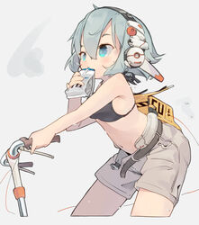  aqua_eyes bag belt bikini bikini_top_only black_bikini breasts commentary cropped_legs dated_commentary drinking female grey_shorts hair_between_eyes hand_up headphones highres holding holding_bag kick_scooter looking_ahead medium_breasts navel nep_(nep_76) open_belt open_fly original short_hair shorts simple_background solo swimsuit white_background yellow_bag 