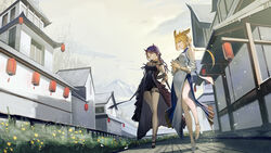  2girls absurdres animal_ears architecture arknights black_dress black_footwear blonde_hair blue_nails breasts building bush chinese_clothes closed_eyes cloud demon_girl demon_horns dress east_asian_architecture full_body grey_sky highres horns kroos_(arknights) kroos_the_keen_glint_(along_the_corridor)_(arknights) kroos_the_keen_glint_(arknights) lantern large_breasts lava_(arknights) lava_the_purgatory_(arknights) lava_the_purgatory_(dusk_wisteria)_(arknights) long_hair mountainous_horizon multiple_girls nail_polish natsuba002 one_eye_closed outdoors pointy_ears ponytail purple_hair rabbit_ears rabbit_girl railing side_slit sky thigh_strap thighs white_dress white_footwear 