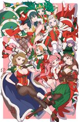  6+girls aduti_momoyama animal_ears annette_fantine_dominic annette_fantine_dominic_(winter) antlers bernadetta_von_varley bernadetta_von_varley_(winter) border breasts byleth_(female)_(fire_emblem) byleth_(female)_(frosty_professor)_(fire_emblem) byleth_(fire_emblem) cape christmas cleavage commentary_request deer_ears dorothea_arnault dorothea_arnault_(winter) edelgard_von_hresvelg edelgard_von_hresvelg_(snowfall_future) fake_animal_ears fake_antlers fake_horns fire_emblem fire_emblem:_three_houses fire_emblem_heroes fishnet_pantyhose fishnets fur-trimmed_cape fur_trim hat highres hilda_valentine_goneril hilda_valentine_goneril_(winter) horned_headwear horns large_breasts leotard manuela_casagranda manuela_casagranda_(winter) multiple_girls official_alternate_costume outside_border pantyhose patterned_legwear pointy_ears reindeer_antlers santa_hat sothis_(fire_emblem) sothis_(winter)_(fire_emblem) thighhighs tiara twintails white_border 