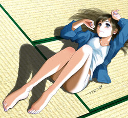  arm_above_head barefoot blue_eyes blue_jacket brown_hair chutohampa collarbone convenient_leg earrings feet female full_body jacket jewelry knees_up legs long_hair looking_afar lying nail_polish on_back on_floor open_clothes open_jacket original panties purple_nails shadow shirt signature solo tatami toenail_polish toenails toes underwear white_panties white_shirt 