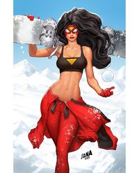  alternate_costume black_hair black_sports_bra blue_sky breasts cleavage david_nakayama female gloves highres holding_snowboard jessica_drew long_hair looking_at_viewer marvel mask medium_breasts navel pants pillarboxed red_gloves red_lips red_pants sky snow snowball solo spider-man_(series) spider-woman sports_bra 