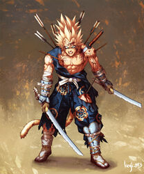  1boy abs alternate_costume alternate_hairstyle armor arrow_(projectile) arrow_in_body artist_name bandaged_arm bandaged_leg bandages blonde_hair blood blood_from_mouth blood_on_face blue_pants blue_shirt broken broken_arrow broken_sword broken_weapon chipped_sword dragon_ball dragon_ball_z evil_smile full_body furrowed_brow green_eyes guillem_dauden highres holding holding_sword holding_weapon injury japanese_armor japanese_clothes kote majin_vegeta male_focus monkey_tail pants pectorals samurai sash shirt simple_background smile solo spiked_hair stab suneate super_saiyan super_saiyan_2 sword tabi tail topknot torn_clothes torn_pants torn_shirt vegeta veins waraji weapon widow&#039;s_peak 