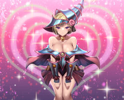  akina_t bell blonde_hair blue_hat blush breasts cleavage cosplay dark_magician_girl dark_magician_girl_(cosplay) dress female hands_on_own_thighs hat heart highres jingle_bell large_breasts looking_at_viewer low_neckline neck_bell off-shoulder_dress off_shoulder original pink_eyes short_hair smile solo vambraces variant_set wizard_hat yu-gi-oh! 