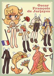  aristocratic_clothes arms_at_sides ascot barefoot black_jacket black_pants blonde_hair blue_eyes blue_jacket boots brown_footwear character_name commentary dress english_commentary female french_flag full_body gold_trim gown green_background hand_fan jacket kisekae knee_boots long_hair long_sleeves looking_at_viewer meremero oscar_francois_de_jarjayes pants pink_dress puffy_long_sleeves puffy_sleeves rapier red_sash sash shoes solo standing sword underwear underwear_only versailles_no_bara weapon white_ascot white_jacket white_pants 