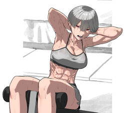  abs armpits arms_behind_head blunt_bangs bowl_cut breasts center-flap_bangs cleavage collarbone exercise_machine exercising feet_out_of_frame female grey_hair grey_sports_bra gym_shorts half-closed_eyes highres large_breasts midriff open_mouth original red_eyes rggr short_hair shorts sit-up solo sports_bra sportswear sweat teeth toned very_sweaty 