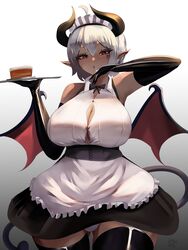  :o ahoge bare_shoulders black_horns black_tail black_thighhighs black_wings bow bowtie breasts cake cleavage curvy dark-skinned_female dark_skin demon_girl demon_horns demon_tail elbow_gloves female food gloves gradient_background hair_between_eyes heart highres horns large_breasts maid original pointy_ears red_eyes sana!rpg short_hair signature simple_background tail thick_thighs thighhighs thighs tray two-tone_background white_background wings 