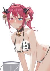  absurdres ahoge alternate_hairstyle animal_collar animal_ear_piercing animal_ears animal_print barcode bell bikini black_collar blue_eyes blush breasts bucket cleavage collar cow_ears cow_print cow_print_bikini cowbell ear_tag earrings embarrassed extra_ears female halterneck heterochromia highres hololive hololive_english horns irys_(hololive) jewelry looking_at_viewer medium_breasts milk multicolored_hair neck_bell official_alternate_hairstyle piercing pink_eyes pointy_ears print_bikini purple_eyes red_hair shift_(shiftillust) side_ponytail simple_background solo stamp_mark string_bikini sweat swimsuit two-tone_hair virtual_youtuber white_background 