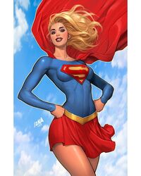  blonde_hair blue_eyes blue_shirt blue_sky breasts cape clenched_hands cloud david_nakayama dc_comics female gold_belt hands_on_own_hips highres long_hair looking_at_viewer medium_breasts pillarboxed red_cape red_lips red_skirt shirt skirt sky solo supergirl superman_(series) superman_logo tight_clothes tight_shirt 