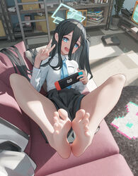  absurdly_long_hair absurdres aris_(blue_archive) barefoot black_hair black_hairband black_skirt blue_archive blue_eyes blue_necktie checkered_floor collared_shirt feet female foot_focus foot_pussy foreshortening green_halo hairband halo handheld_game_console highres holding holding_handheld_game_console indoors legs long_hair looking_at_viewer md5_mismatch mr_ito necktie one_side_up open_mouth plant pleated_skirt potted_plant revision shirt skirt smile soles solo television toes v very_long_hair white_shirt 