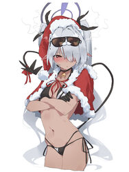  adapted_costume anger_vein angry bell bikini black_bikini black_choker black_gloves blue_archive blush breasts brown_eyes capelet choker christmas closed_mouth collarbone commentary cowboy_shot crossed_arms dark-skinned_female dark_skin demon_girl demon_tail eyewear_on_head fake_facial_hair fake_mustache female fur-trimmed_capelet fur-trimmed_headwear fur_trim gloves grey_hair groin hair_over_one_eye halo hat highres iori_(blue_archive) iori_(swimsuit)_(blue_archive) long_hair looking_at_viewer makkurourufu multi-strapped_bikini_bottom navel neck_bell official_alternate_costume pointy_ears red_capelet red_hat ribbon santa_costume santa_hat side-tie_bikini_bottom simple_background solo stomach string_bikini sunglasses swimsuit tail tail_ornament tail_ribbon twintails white_background 