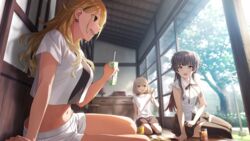  3girls architecture black_hair black_ribbon black_shorts black_skirt blonde_hair blue_eyes blunt_bangs bob_cut breasts carton crop_top day drinking_straw earrings east_asian_architecture food friends frilled_shirt frills fusuma glass grey_hair gyaru hair_between_eyes highres holding holding_carton house idolmaster idolmaster_shiny_colors idolmaster_shiny_colors_song_for_prism izumi_mei jewelry juice_box kneeling large_breasts long_hair looking_at_another mayuzumi_fuyuko medium_breasts midriff multiple_girls navel official_art open_mouth ribbon serizawa_asahi shirt short_hair shorts shouji sidelocks sitting skirt sleeveless sliding_doors smile straylight_(idolmaster) sunlight tree two_side_up white_shirt white_shorts zettai_ryouiki 