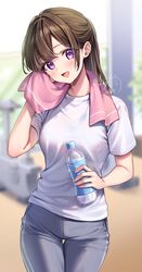  alternate_costume amagi_shino artist_name blurry blurry_background blush bottle breasts brown_hair commentary_request cowboy_shot female grey_pants gym_pants gym_shirt highres holding holding_bottle long_hair looking_at_viewer medium_breasts open_mouth original pants parted_bangs plastic_bottle purple_eyes receptionist_girl_(amagi_shino) shirt short_sleeves signature smile solo thigh_gap water_bottle white_shirt wiping_sweat 