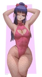  armpits arms_behind_head arms_up artist_name bare_arms bare_shoulders blue_hair breasts breasts_apart charm_(object) cleavage_cutout clothing_cutout collarbone covered_nipples dark_blue_hair female fishnet_pantyhose fishnets hair_ribbon halterneck highleg highleg_leotard highres kikunojo_(one_piece) leotard lips long_hair noaqin one_eye_closed one_piece pantyhose pink_background pink_leotard purple_eyes red_ribbon ribbon simple_background skull_charm small_breasts solo standing standing_on_one_leg two-tone_background tying_hair white_background wide_hips 