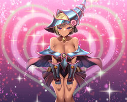  akina_t bell blonde_hair blue_hat blush breasts cleavage cosplay dark-skinned_female dark_magician_girl dark_magician_girl_(cosplay) dark_skin dress female hands_on_own_thighs hat heart highres jingle_bell large_breasts looking_at_viewer low_neckline neck_bell off-shoulder_dress off_shoulder original pink_eyes short_hair smile solo vambraces variant_set wizard_hat yu-gi-oh! 