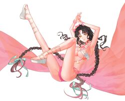  arms_up bamcream bikini black_hair bracelet braid breasts chest_tattoo closed_mouth commentary earrings facial_mark fate/grand_order fate_(series) female fingernails flower foot_out_of_frame forehead_mark gladiator_sandals hair_flower hair_ornament hair_ribbon highres jewelry large_breasts leg_up long_hair looking_at_viewer mudra multicolored_hair nail_polish necklace panties pantyshot parted_bangs pearl_bracelet pearl_earrings pearl_necklace petals pink_flower pink_hair pink_nails pink_panties pink_sarong platform_footwear ribbon sandals seashell sessyoin_kiara sessyoin_kiara_(swimsuit_mooncancer) sessyoin_kiara_(swimsuit_mooncancer)_(first_ascension) shell shell_necklace simple_background smile solo streaked_hair swimsuit tattoo toenail_polish toenails twin_braids underboob underwear very_long_hair vitarka_mudra wedge_heels white_background white_bikini white_footwear white_ribbon yellow_eyes 