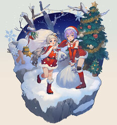  2girls a.i._voice ahoge alternate_costume bare_tree bell belt black_belt black_socks blue_eyes blunt_bangs blush bob_cut boots capelet carrying_over_shoulder character_snowman christmas christmas_lights christmas_ornaments christmas_present christmas_tree commentary_request crossed_bangs detached_sleeves dress floating_hair fur-trimmed_capelet fur-trimmed_dress fur-trimmed_footwear fur-trimmed_headwear fur-trimmed_mittens fur_trim gift glint grey_hair hair_ornament hairclip hat highres holding holding_sack hood hood_down hooded_capelet kizuna_akari kizuna_akari_(tsubomi) knee_boots long_hair looking_at_viewer mittens multiple_girls neck_bell night open_mouth outdoors outstretched_arm over-kneehighs purple_eyes purple_hair red_capelet red_dress red_footwear red_mittens sack santa_costume santa_dress santa_hat shirinda_fureiru short_dress short_hair sleeveless sleeveless_dress smile snow snowflakes snowing socks sparkle sparkle_hair_ornament standing standing_on_one_leg sweatdrop thighhighs tree voiceroid yuzuki_yukari yuzuki_yukari_(shizuku) 